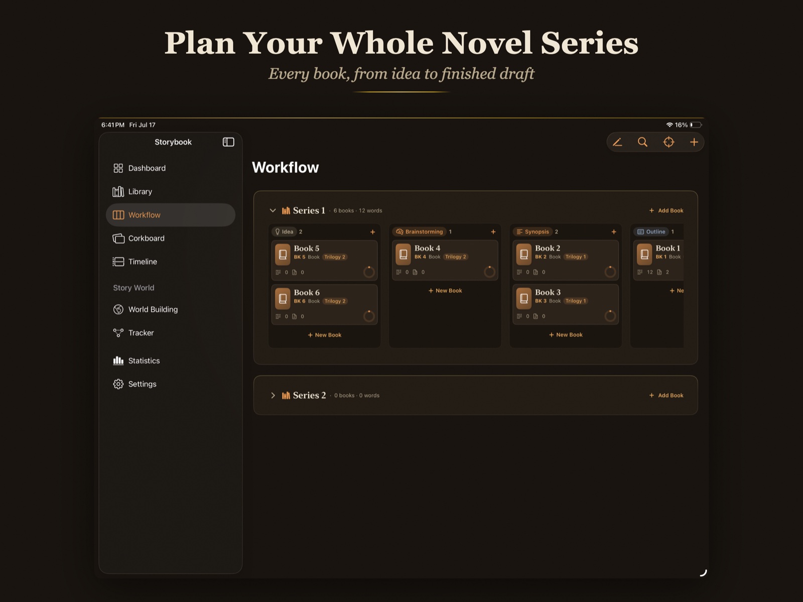 Workflow board on iPad, a kanban of books from Idea to Outline
