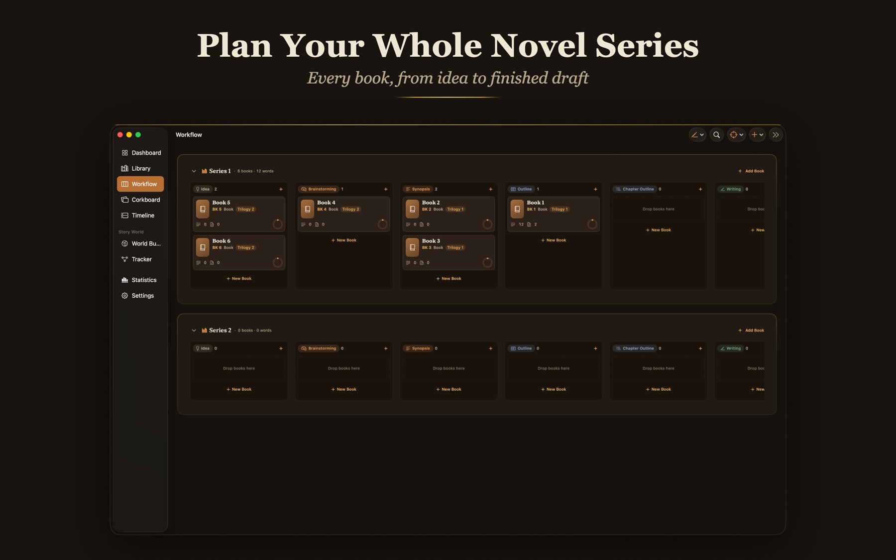 Workflow board on Mac, books moving through pipeline stages