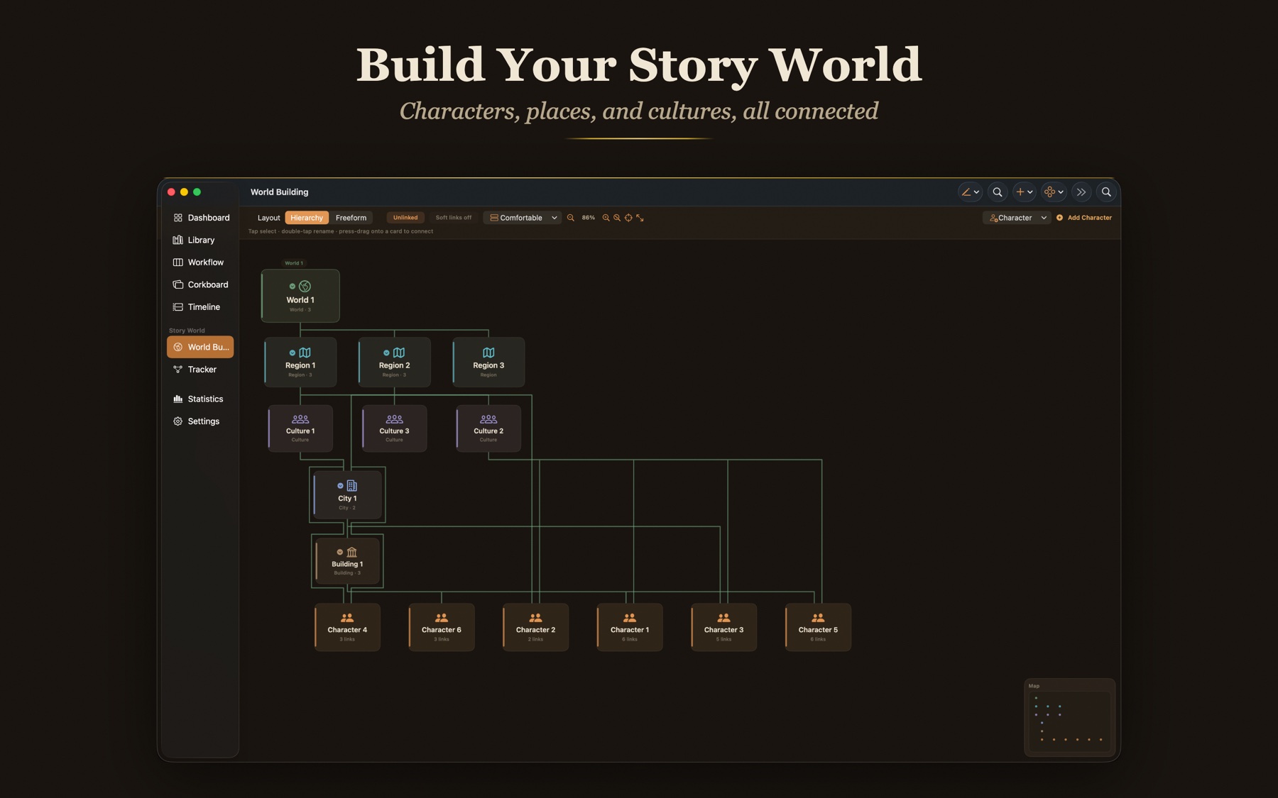 World Building web on Mac, a family tree of the story world